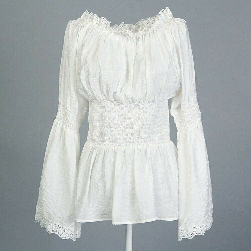 Medieval Wide Long Sleeve Lace Trim Top Shirt Shirred High Waist Tunic Dress