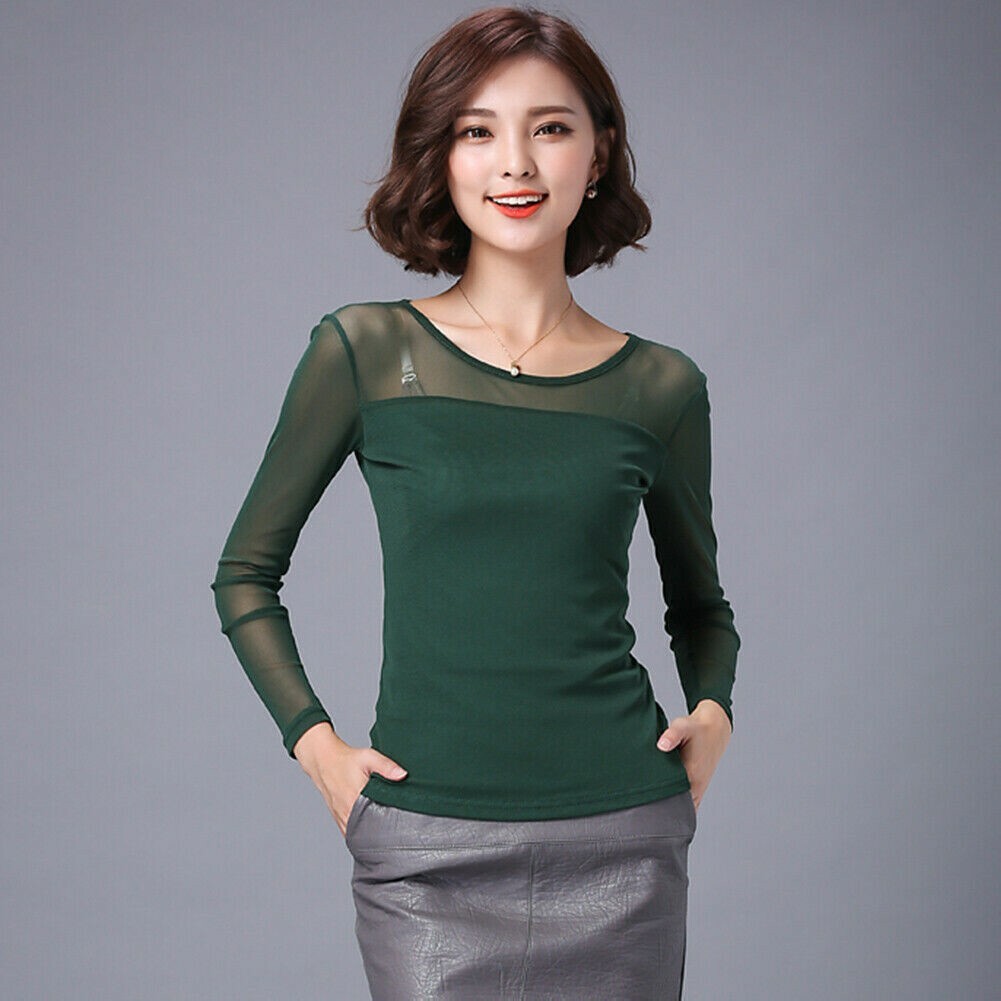 Womens Mesh Sheer Full Sleeve T-shirt See Through Top shirt Blouse Stretch SPW