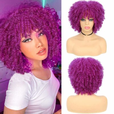 Fashion Style Kinky Curly Rose Red Wig Afro Short Bob Wave Wig with Bangs 