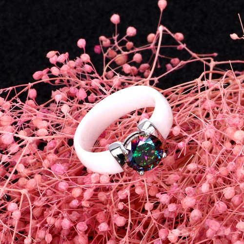 TUHE Big Round Cubic Zirconia Eternity Ring Bling Rainbow Wedding Band Ceramic