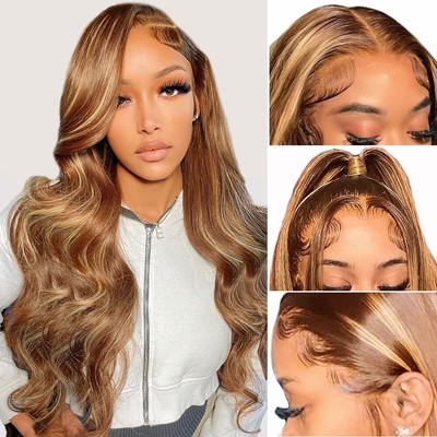 180% Density Ombre Lace Front Wig Human Hair 18inch Blonde Highlight Wig Huma...