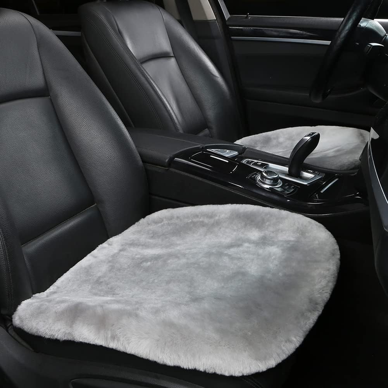 Genuine Sheepskin Car Seat Cushion Seat Covers for Cars Trucks SUV Comfort Seat Protector Pad for Car Driver Seat Car Accessories for Women Office Chair Car Decor (Grey, Front Seat Cushions-2 Pcs)