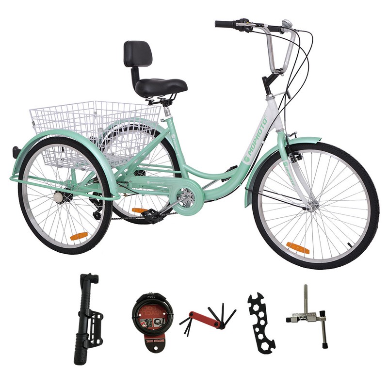 Cyan Shimano Adult 24"3-Wheel 7-Speed Tricycle Trike Bicycle Bike With Basket