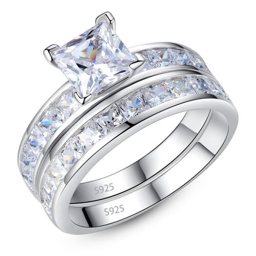 Women Sterling Silver 3.45 Ctw Cz Princess Cut Engagement Wedding Ring Band Sets
