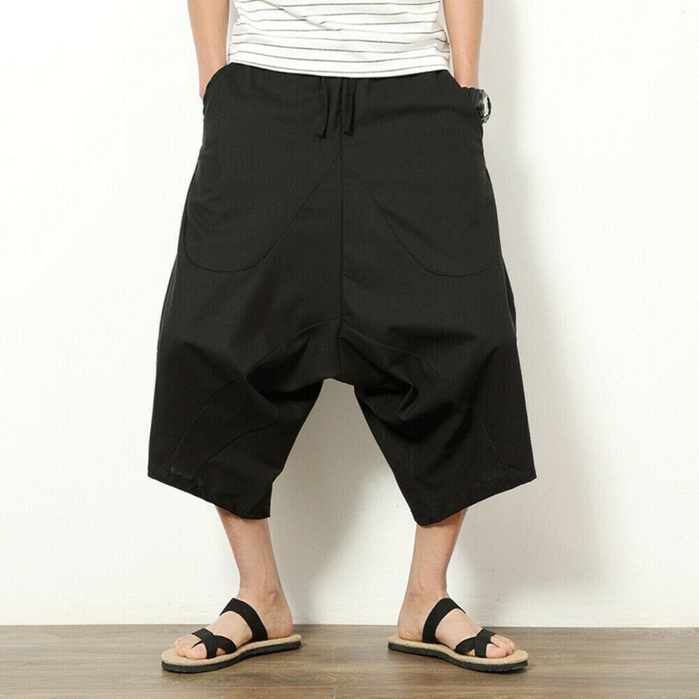 Herren Leinen Capri Weites Bein Hose Shorts Tiefer Schritt Harem Gekürzt Retro