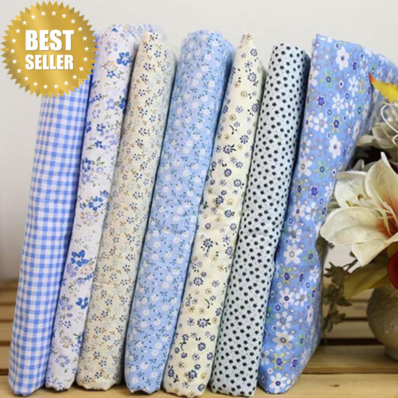 7Pcs Blue Square Shape, Flower, Striped, Polka Dot Cotton Fabric Fabric for Sewi