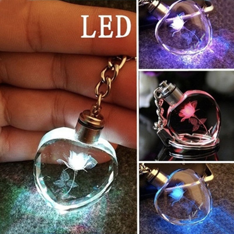 Colorful Fairy Crystal Rose LED Light Keychain Love Heart Key Chain Ring Keyring