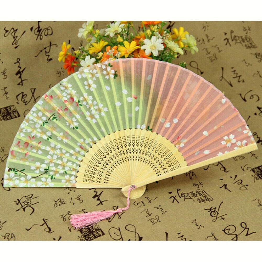 Womens Silk Blend Folding Hand Held Fan Chinese Japanese Blossom Dance Show