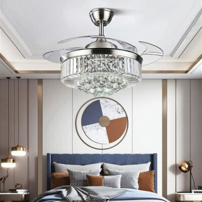 42'' Modern Chandelier Crystal Ceiling Fan with LED Light Remote 3-Color Change