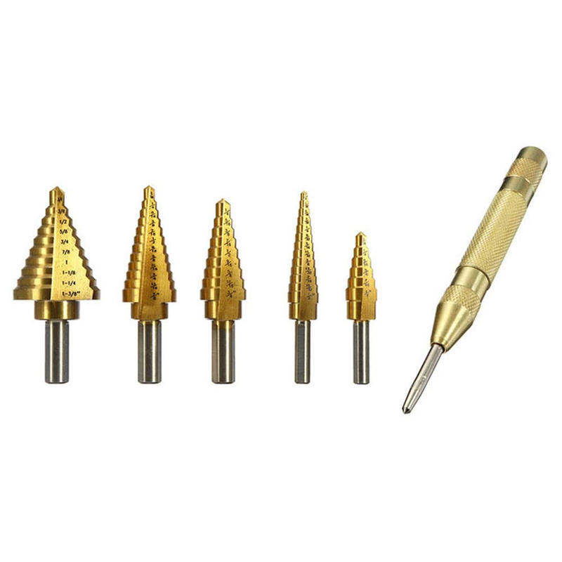 Step Drill Bit Set, 5 Pcs Titanium Coated High Speed Steel Step Drill Bits with