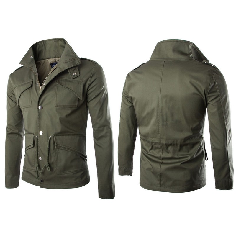 Mens Slim Fit Military Style Jacket Stand Collar Coat Hoody