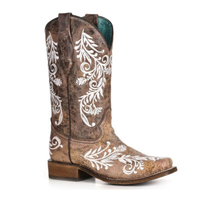 Pre-owned Corral Women's Glow Collection Brown/white Embroidery Western Boots (a4063)