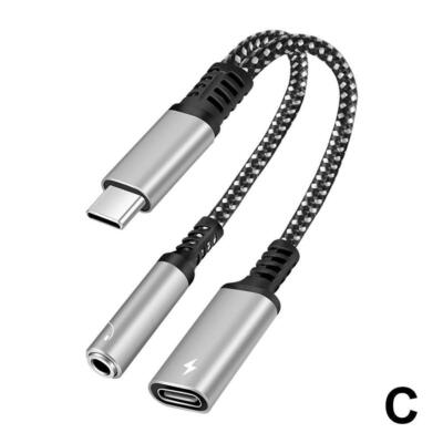60W 2-in-1 Type-C USB C to 3.5mm AUX Audio Headphone Charger Cable Adapter O5R6