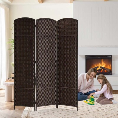 3 Panels Diamond Weave Fiber Room Dividers Folding Privacy Screen Partition Wall