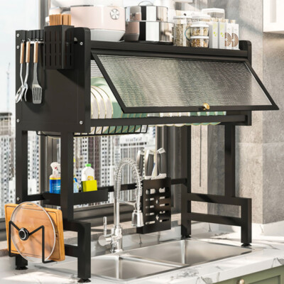 Kitchen Storage Cabinet 3-Tier Over The Sink Dish Drying Rack Black 85cm