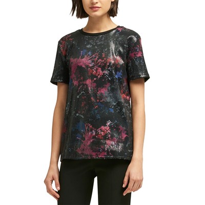 

Dkny Черный многоцветный топ с круглым вырезом и принтом с короткими рукавами и пайетками