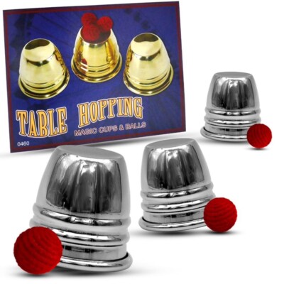 SMALL TABLE HOPPING CUPS & BALLS Chrome Set Pocket Magic Trick Plus 80 Effects