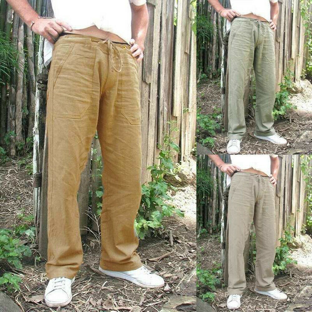 Hommes Lin Cordon Pantalon Jambe Droite Pantalon Poche Confort