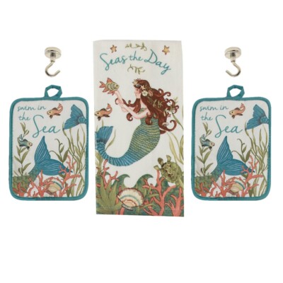 Kay Dee SEAS THE DAY Mermaid Coastal Potholders Terry Towel Magnets 5 pc Set NWT