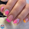 Colorful French Tip Press On Nails - Short Square Designs with Relief Flowers, Artificial Stick Ons for Women