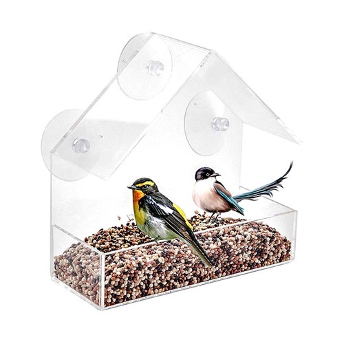 Large Acrylic Window Bird Feeder Strong Suction Cups Seed Tray Birdfeeder House