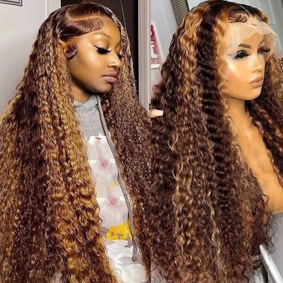 Highlight Ombre 13x4 HD Lace Front Wigs Human Hair 26 inch 4/27 Deep Wave Wig...