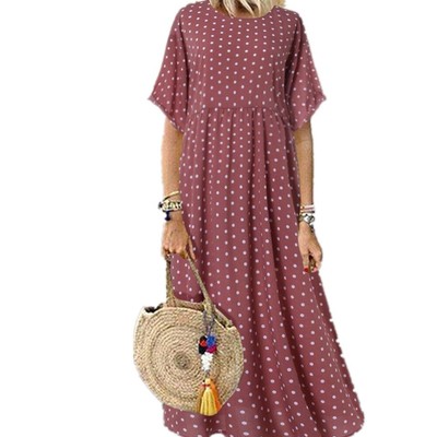 Damen Short Ärmel Polka Dot Langes Kleid Lose Baggy Kaftan Maxikleid Sommerkleid