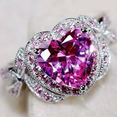 Fashion Pink Heart Zircon Bow Ring Engagement Rings Women Cocktail Party Jewelry