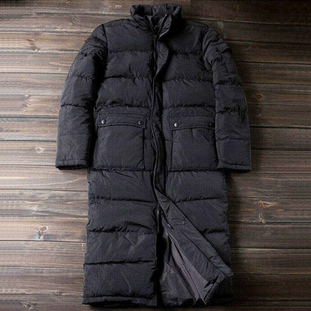 Mens Down Feel Quilted Long Jacket Puffer Bubble Hooded Parka Thick Overcoat SPW