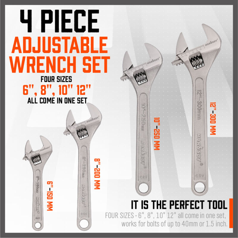 4 Pc Adjustable Wrench Set Forged 6 inch 8 inch 10 inch 12 inch Calibration CR-V