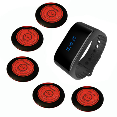 SINGCALL Wireless Waiter Calling System 1 Waterproof Watch, 5 One-key Pagers 