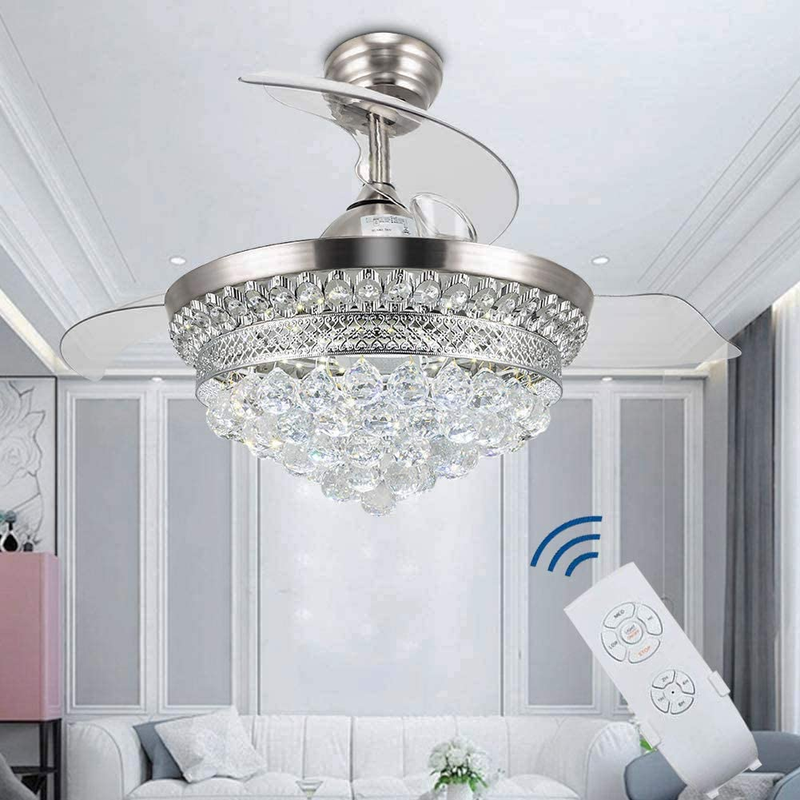Crystal Chandelier Fandelier Chrome Ceiling Fan 42 Inch with Retractable Invisib