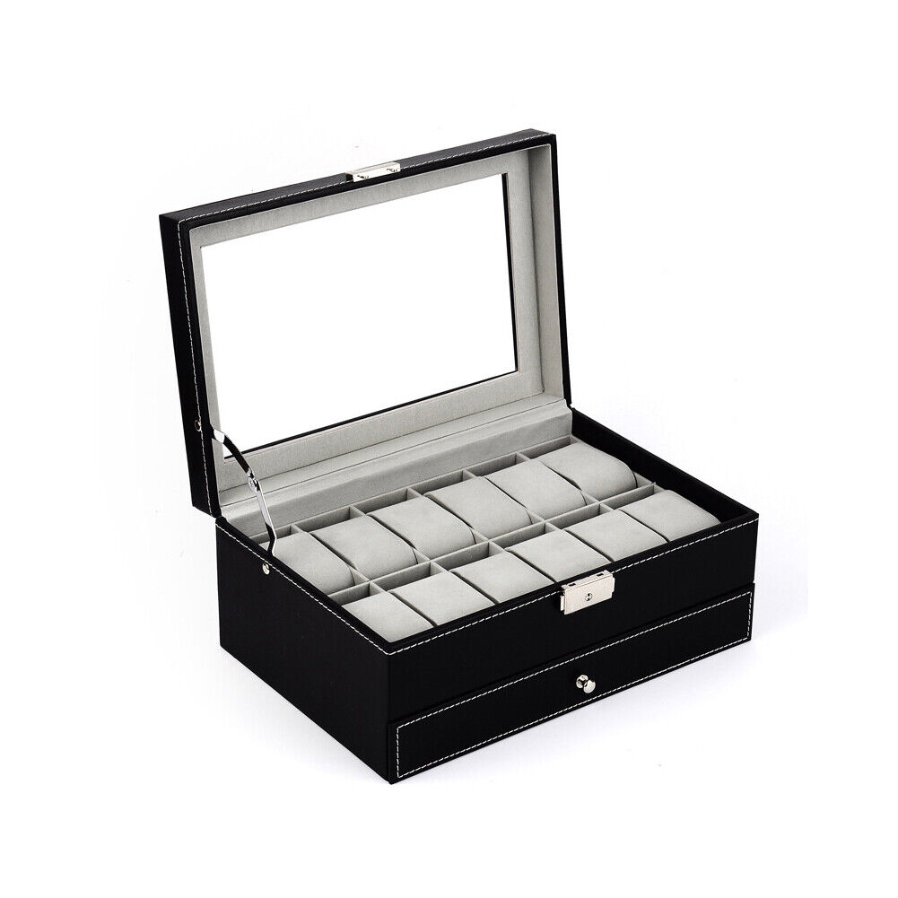 US12 Slot PU Leather Lockable Watch Storage Boxes Jewelry Display Drawer Case 7