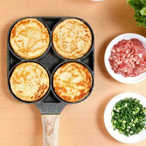 4-Loch-Omelettpfanne für Burger Egg Ham Pancake Maker Bratentopf Holzgriff