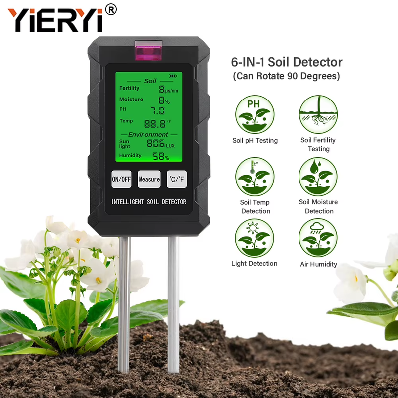 Digital 6 in 1 Soil PH Meter Fertility Soil Moisture Sunlight Ambient Humidity T