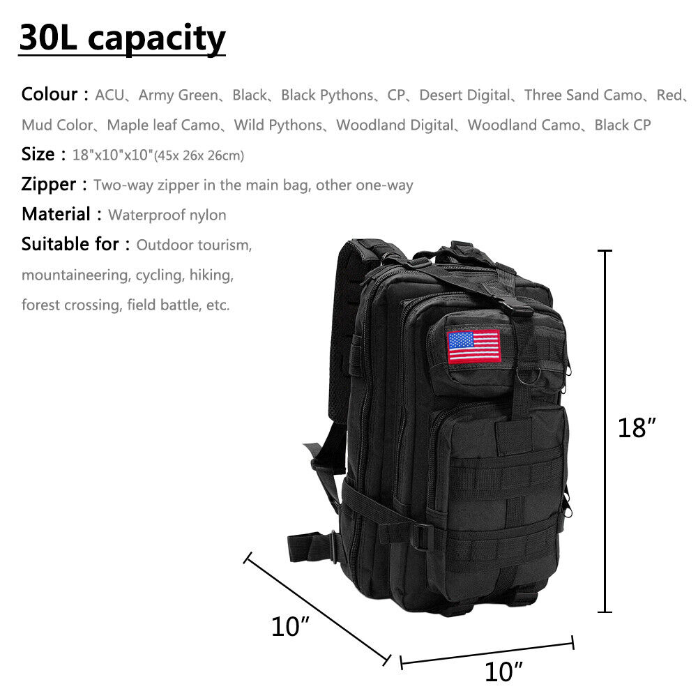 ::30L Military Molle Tactical Backpack Rucksack Camping Hiking Bag Outdoor Travel