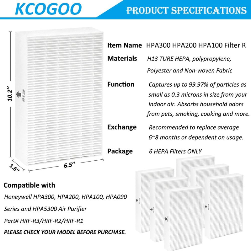6-Pack HPA300 HEPA Replacement Filter: Compatible with Honeywell HPA300 HPA200 H