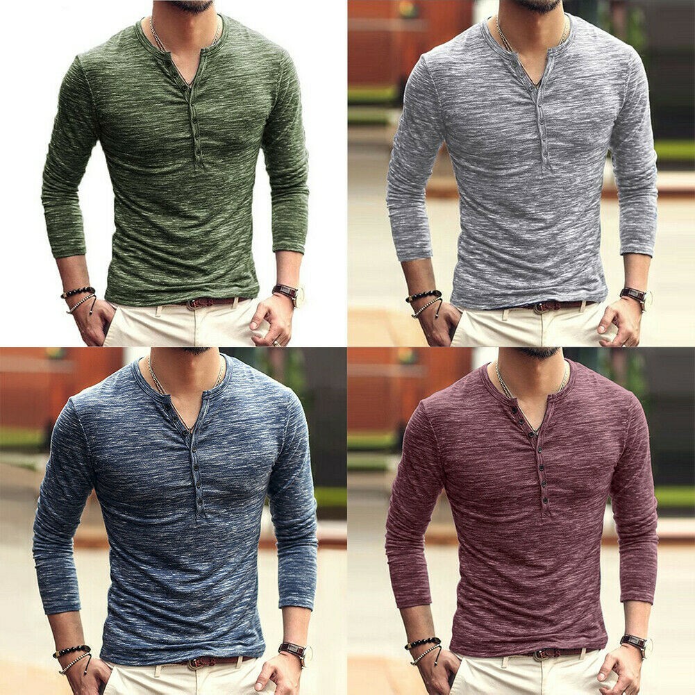 Hommes Bouton Col V Manches Longues T-Shirt Haut Slim Chemise Pull Décontracté