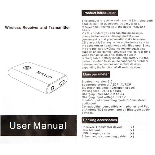 5.0 Bluetooth Transmitter Receiver Wireless 2 in 1 Audio 3.5mm Jack Aux Adapter