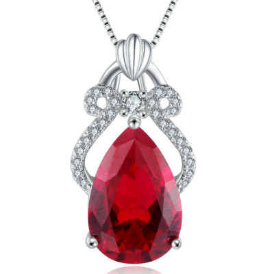 Sterling Silver Simulated Ruby Pendant Necklace Birthday Gemstone Gift for Women