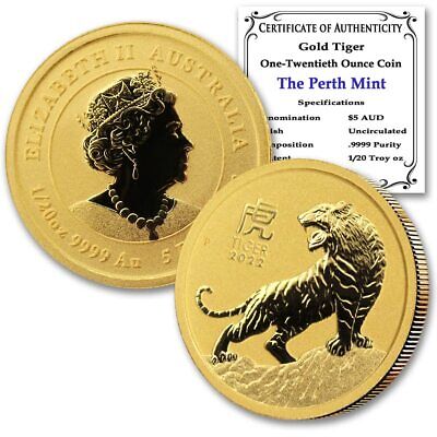 Australia 2022 1/20oz Gold Year of the Tiger Brilliant Uncirculated CoA Capsule
