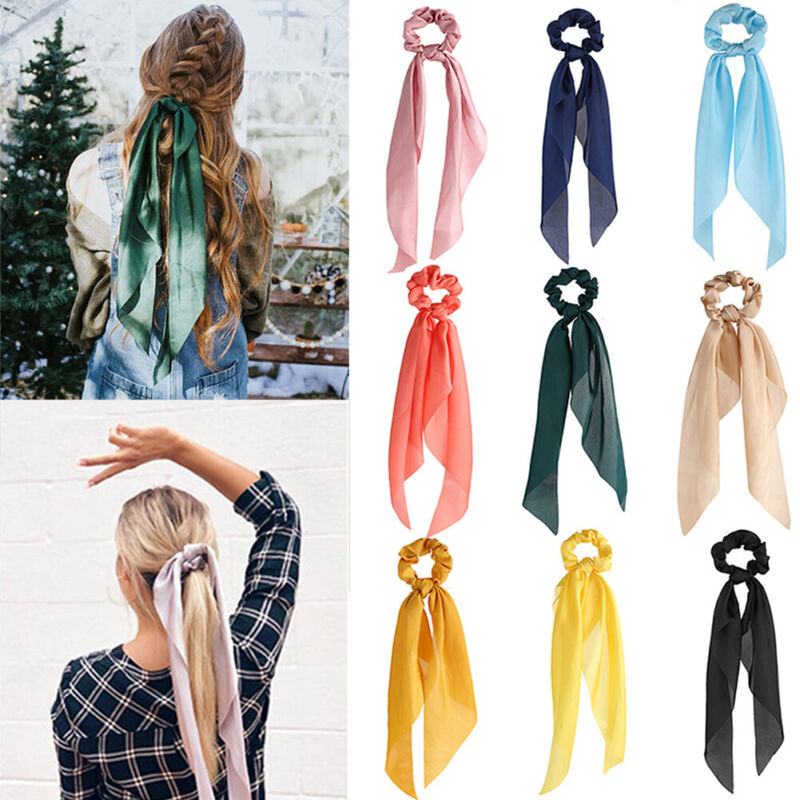 Women Ponytail Scarf Sweet Elastic Hair Band Floral Print Scrunchies Long Ribbon