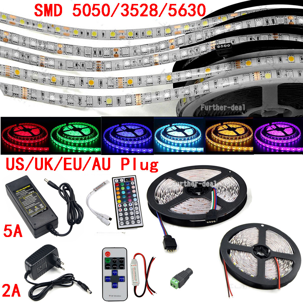 RV DC 16ft 5M SMD 3528//5050//5630 RGB//White Flexible Strip LED light for Battery