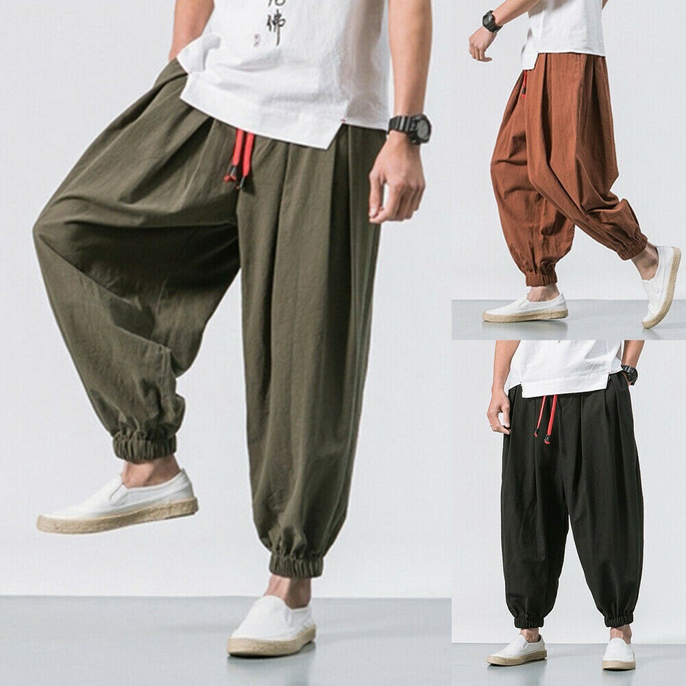 Herren Leinen Locker Baggy Haremshose Gummibund Konisch Hose Jogginghose