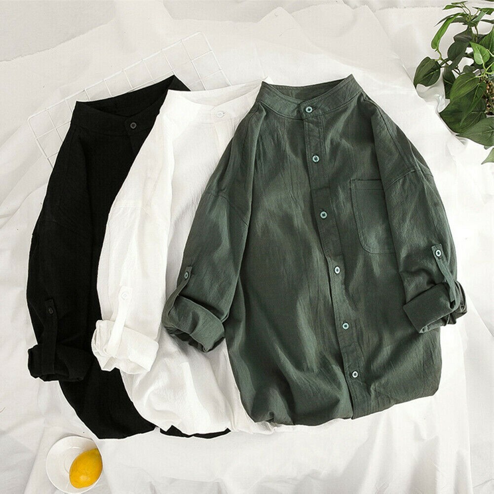 Uomo Lino Mezza Manica Camicia Stile Etnico Colletto Alla Coreana Maglia Casual