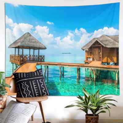 Blue Sky Sea Grass Shed 3D Wall Hang Cloth Tapestry Fabric Decorations Decor