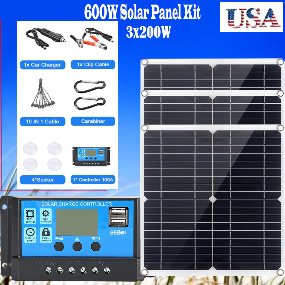 600W Solar Panel Kit 100A 12V Battery Charger with Controller Caravan Boat USA