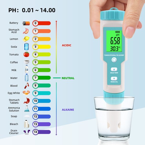 Water Quality Tester Meter Pen 7 in 1 Digital LCD PH/TDS/EC/ORP/TEMP/SG/Salinity