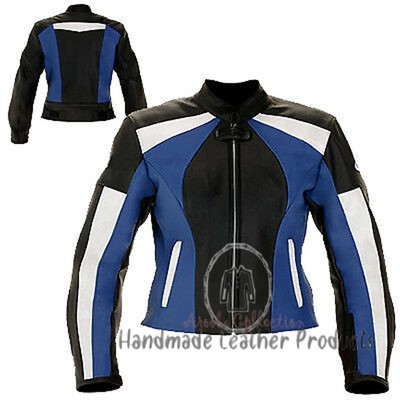 Customized Handmade Men Three Tone Blue Black White Genuine Leather Jacket
