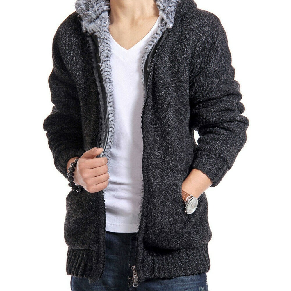 Mens Faux Fur Lined Jacket Knited Zip Up Hoodie Winter Hooded Top Knitwear